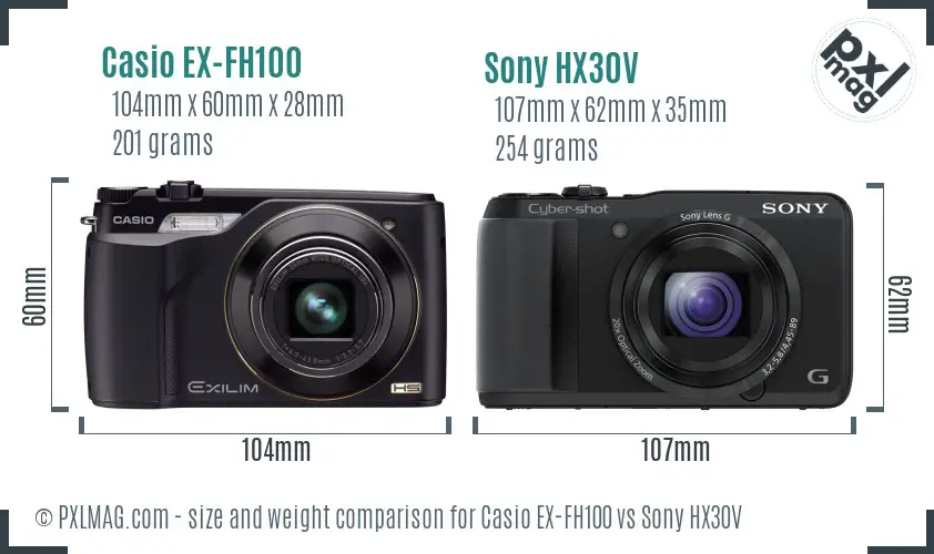 Casio EX-FH100 vs Sony HX30V size comparison