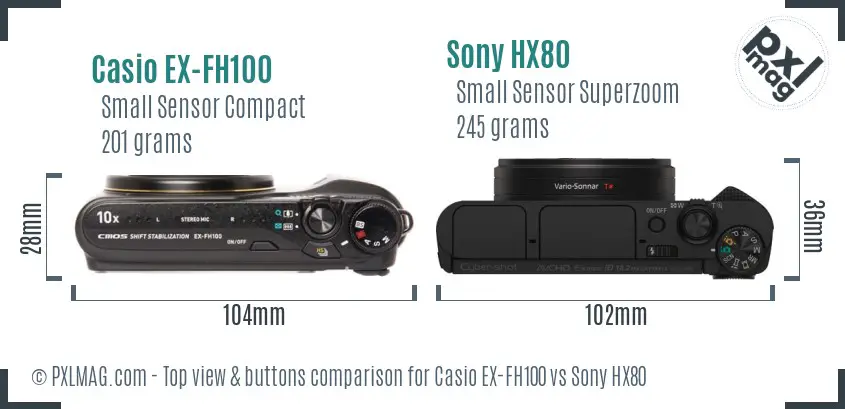 Casio EX-FH100 vs Sony HX80 top view buttons comparison