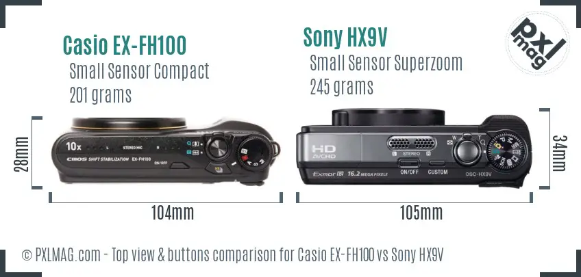 Casio EX-FH100 vs Sony HX9V top view buttons comparison Casio EX-FH100 vs Sony HX9V top view buttons comparison