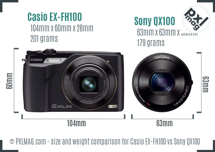 Casio EX-FH100 vs Sony QX100 size comparison