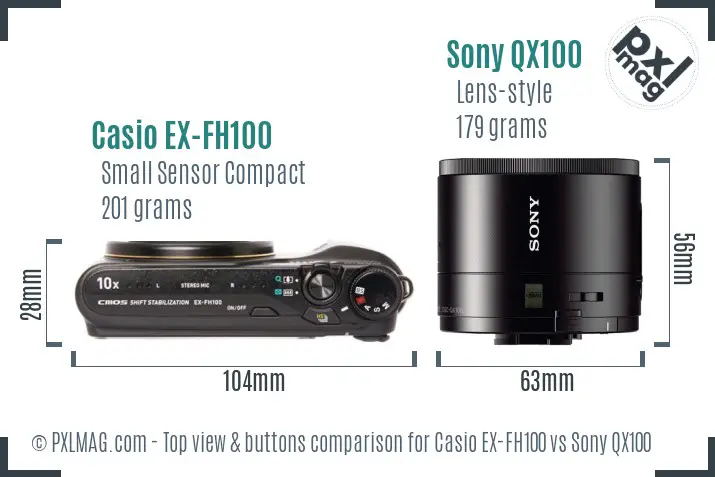Casio EX-FH100 vs Sony QX100 top view buttons comparison