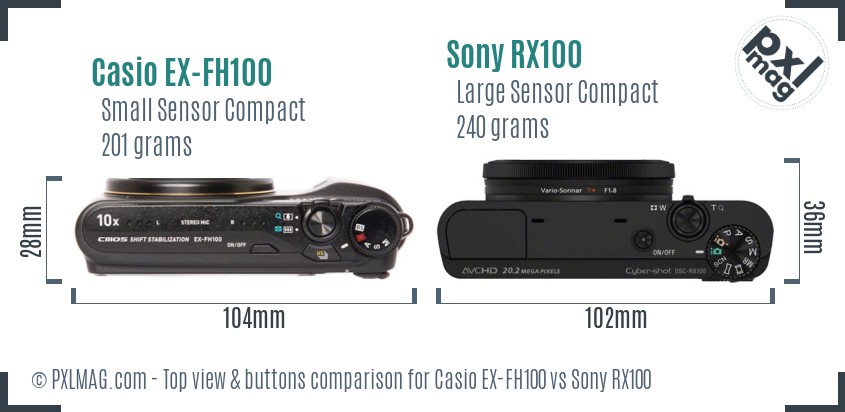 Casio EX-FH100 vs Sony RX100 top view buttons comparison