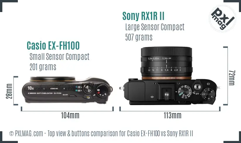 Casio EX-FH100 vs Sony RX1R II top view buttons comparison