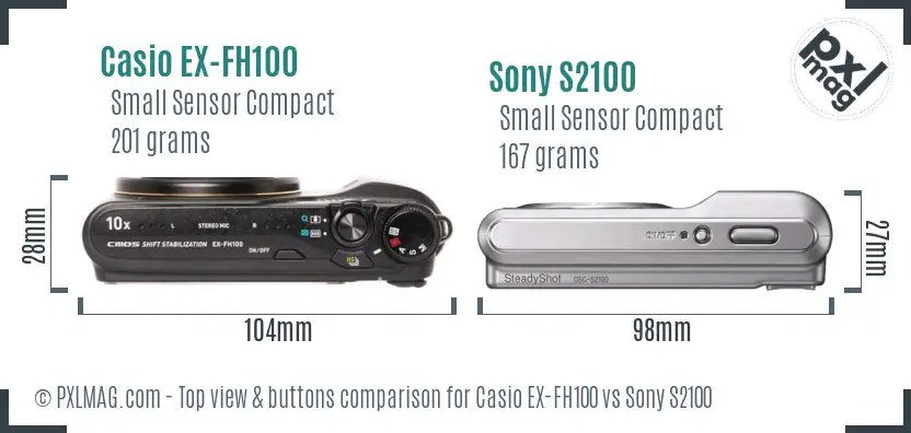 Casio EX-FH100 vs Sony S2100 top view buttons comparison