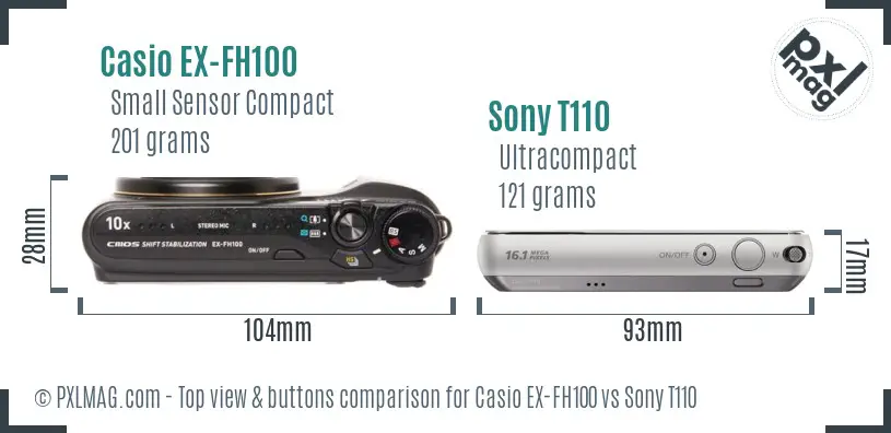 Casio EX-FH100 vs Sony T110 top view buttons comparison