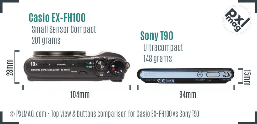 Casio EX-FH100 vs Sony T90 top view buttons comparison