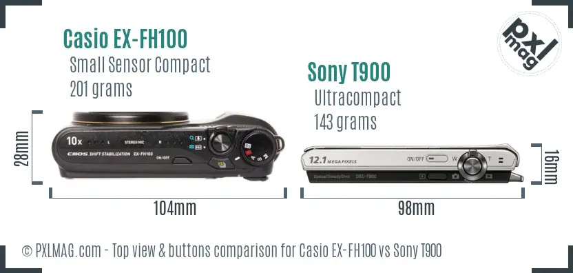 Casio EX-FH100 vs Sony T900 top view buttons comparison Casio EX-FH100 vs Sony T900 top view buttons comparison