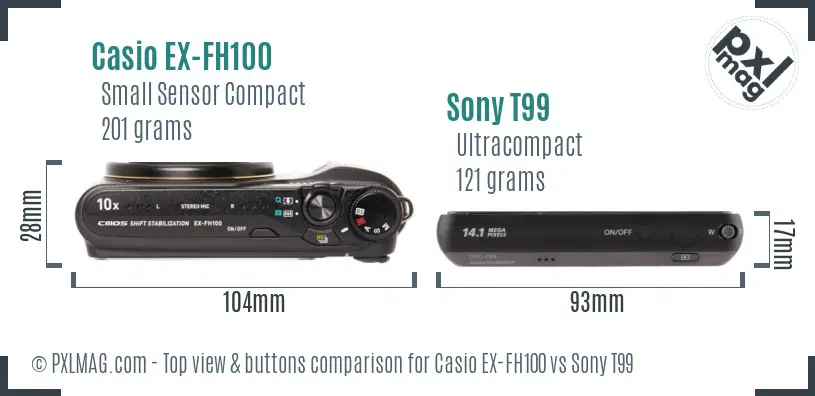 Casio EX-FH100 vs Sony T99 top view buttons comparison