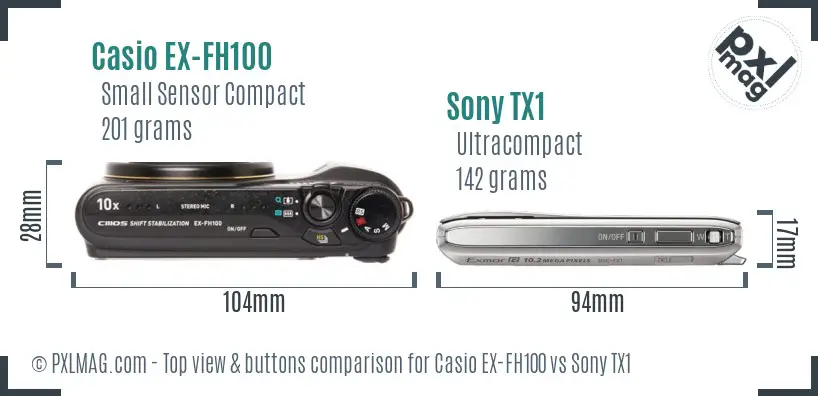 Casio EX-FH100 vs Sony TX1 top view buttons comparison