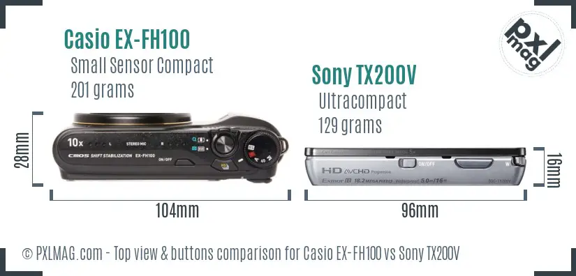 Casio EX-FH100 vs Sony TX200V top view buttons comparison Casio EX-FH100 vs Sony TX200V top view buttons comparison