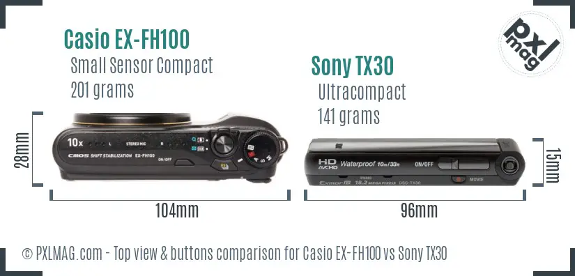 Casio EX-FH100 vs Sony TX30 top view buttons comparison