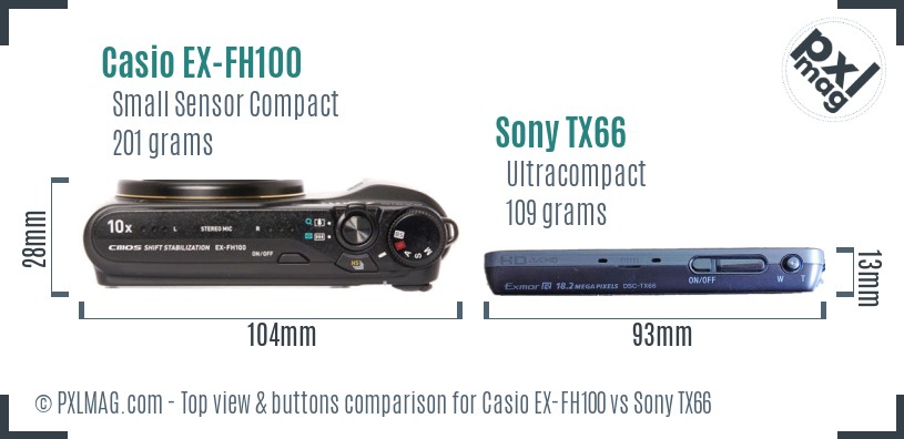 Casio EX-FH100 vs Sony TX66 top view buttons comparison