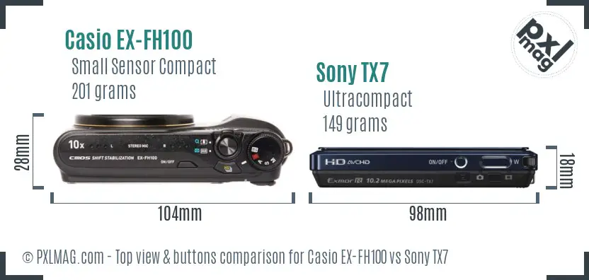 Casio EX-FH100 vs Sony TX7 top view buttons comparison Casio EX-FH100 vs Sony TX7 top view buttons comparison