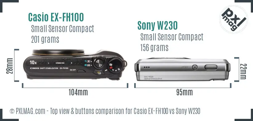 Casio EX-FH100 vs Sony W230 top view buttons comparison Casio EX-FH100 vs Sony W230 top view buttons comparison