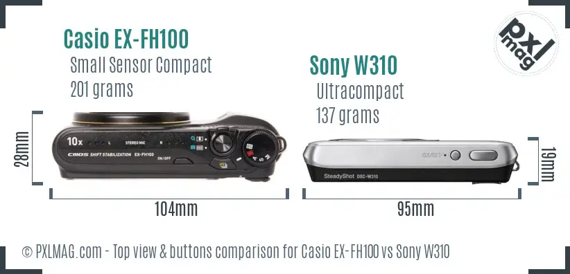 Casio EX-FH100 vs Sony W310 top view buttons comparison Casio EX-FH100 vs Sony W310 top view buttons comparison