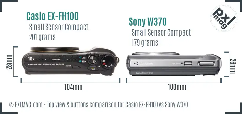 Casio EX-FH100 vs Sony W370 top view buttons comparison Casio EX-FH100 vs Sony W370 top view buttons comparison