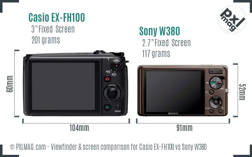 Casio EX-FH100 vs Sony W380 Screen and Viewfinder comparison