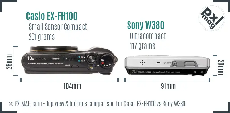 Casio EX-FH100 vs Sony W380 top view buttons comparison