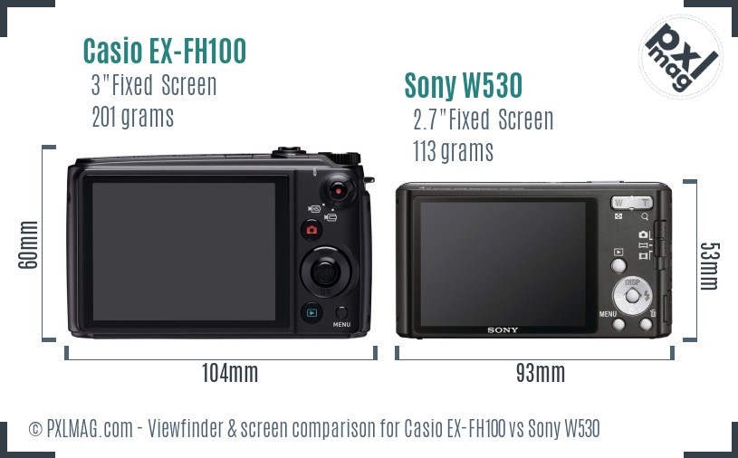 Casio EX-FH100 vs Sony W530 Screen and Viewfinder comparison