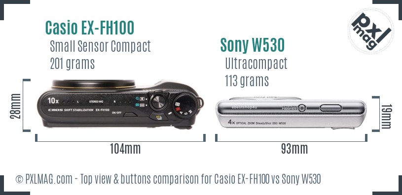 Casio EX-FH100 vs Sony W530 top view buttons comparison