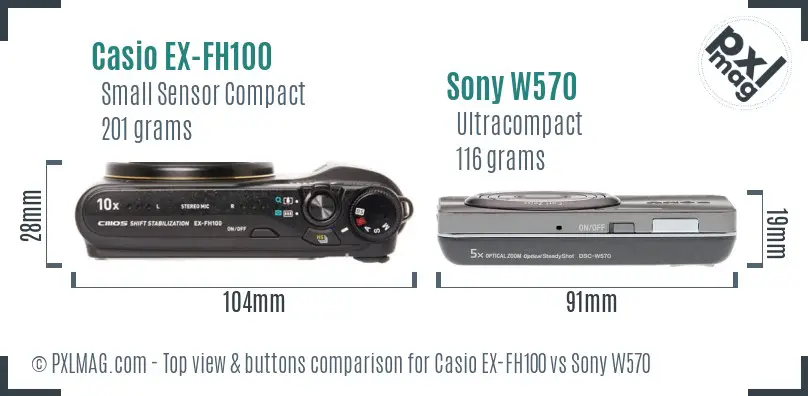 Casio EX-FH100 vs Sony W570 top view buttons comparison