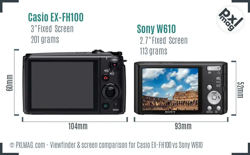 Casio EX-FH100 vs Sony W610 Screen and Viewfinder comparison