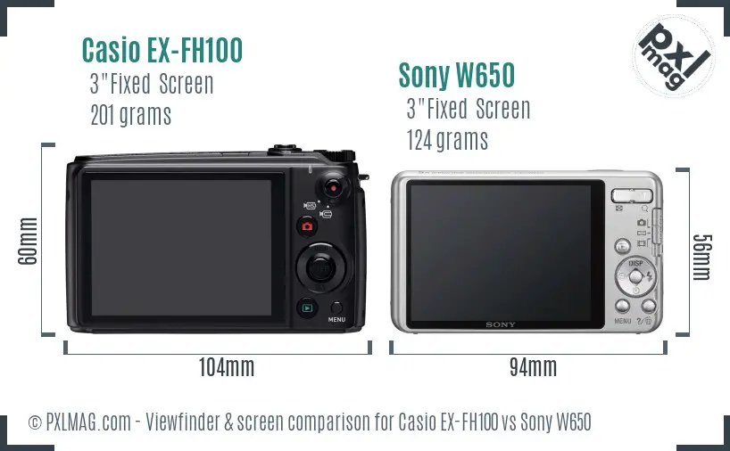 Casio EX-FH100 vs Sony W650 Screen and Viewfinder comparison