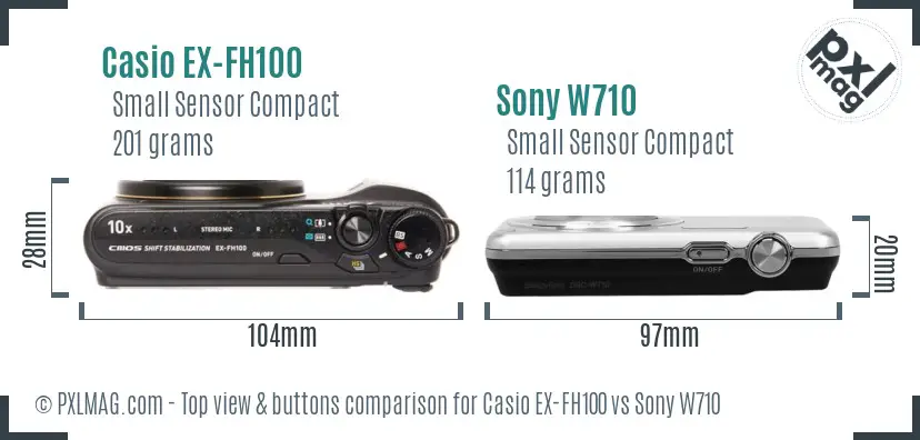 Casio EX-FH100 vs Sony W710 top view buttons comparison Casio EX-FH100 vs Sony W710 top view buttons comparison