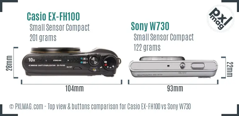 Casio EX-FH100 vs Sony W730 top view buttons comparison