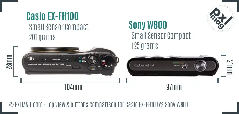 Casio EX-FH100 vs Sony W800 top view buttons comparison Casio EX-FH100 vs Sony W800 top view buttons comparison