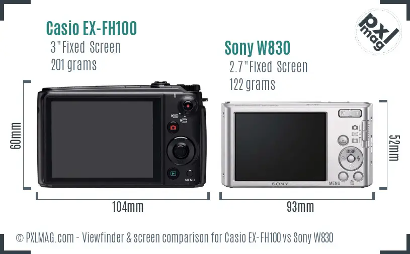 Casio EX-FH100 vs Sony W830 Screen and Viewfinder comparison