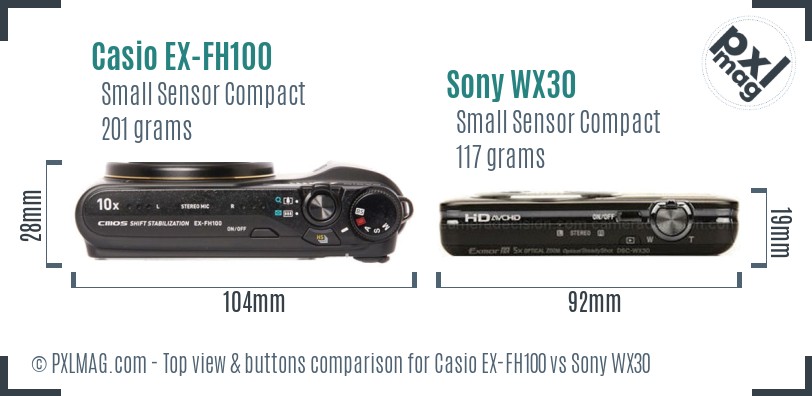 Casio EX-FH100 vs Sony WX30 top view buttons comparison
