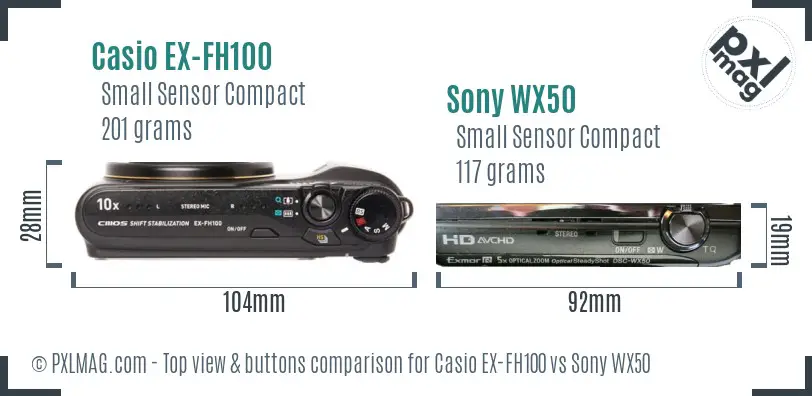 Casio EX-FH100 vs Sony WX50 top view buttons comparison