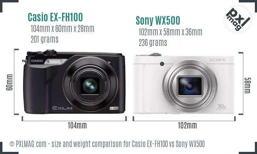 Casio EX-FH100 vs Sony WX500 size comparison