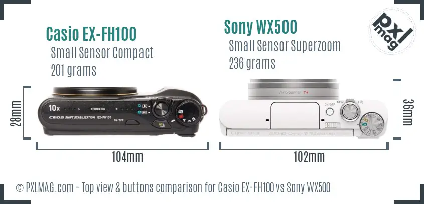 Casio EX-FH100 vs Sony WX500 top view buttons comparison