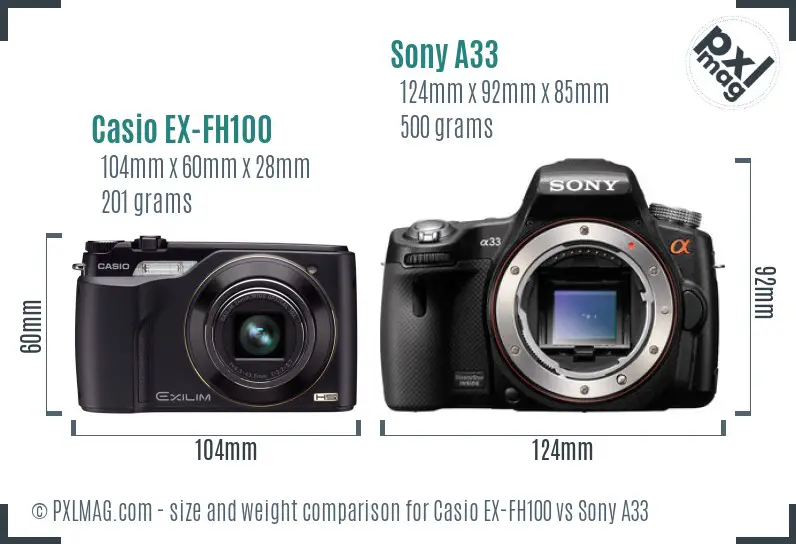 Casio EX-FH100 vs Sony A33 size comparison