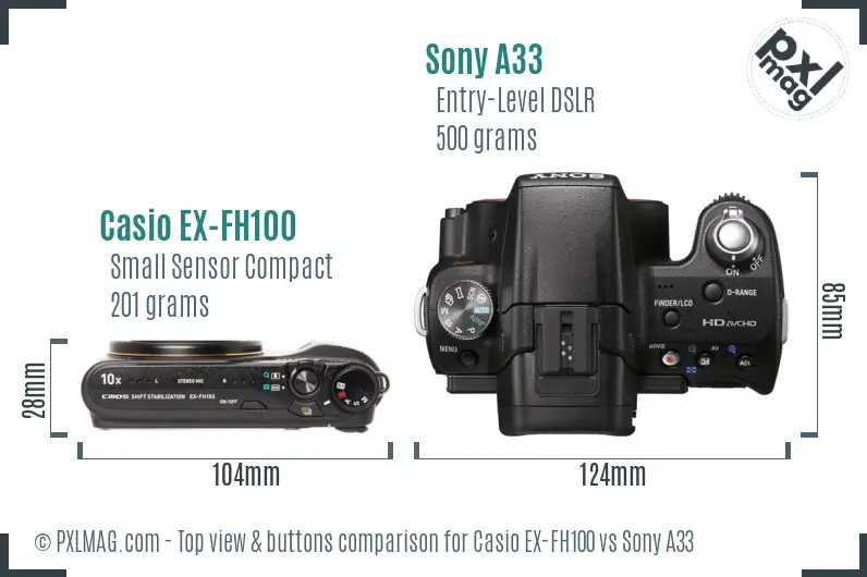 Casio EX-FH100 vs Sony A33 top view buttons comparison