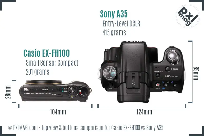 Casio EX-FH100 vs Sony A35 top view buttons comparison Casio EX-FH100 vs Sony A35 top view buttons comparison