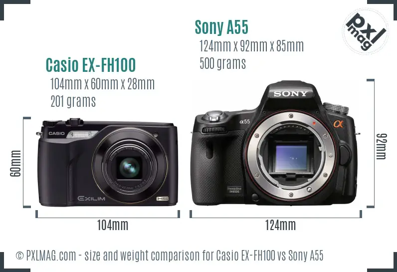 Casio EX-FH100 vs Sony A55 size comparison