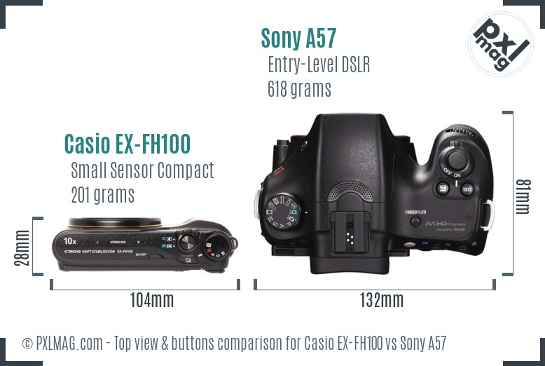 Casio EX-FH100 vs Sony A57 top view buttons comparison