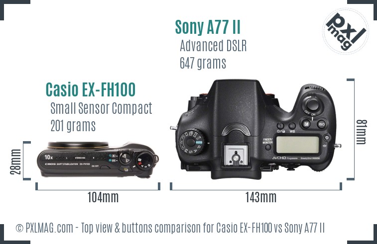 Casio EX-FH100 vs Sony A77 II top view buttons comparison