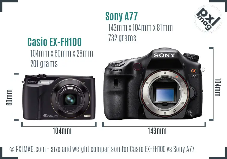 Casio EX-FH100 vs Sony A77 size comparison