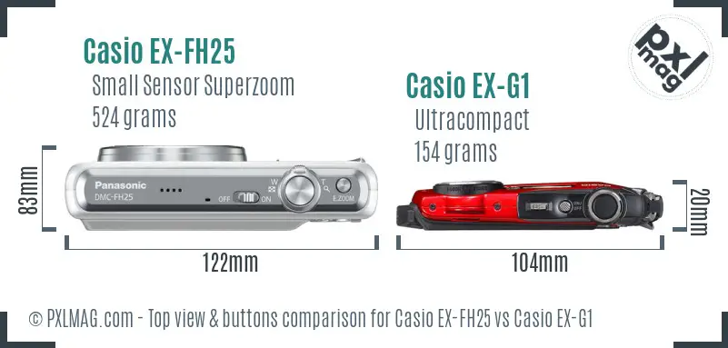 Casio EX-FH25 vs Casio EX-G1 top view buttons comparison