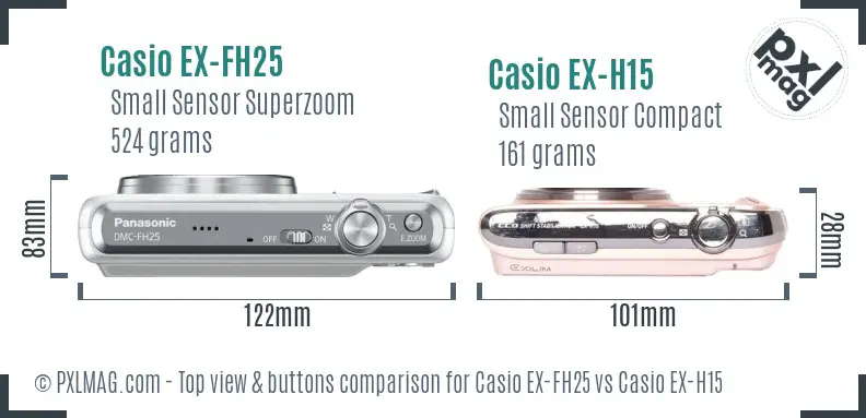 Casio EX-FH25 vs Casio EX-H15 top view buttons comparison