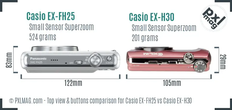 Casio EX-FH25 vs Casio EX-H30 top view buttons comparison
