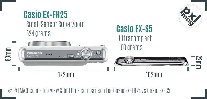 Casio EX-FH25 vs Casio EX-S5 top view buttons comparison