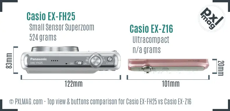 Casio EX-FH25 vs Casio EX-Z16 top view buttons comparison Casio EX-FH25 vs Casio EX-Z16 top view buttons comparison
