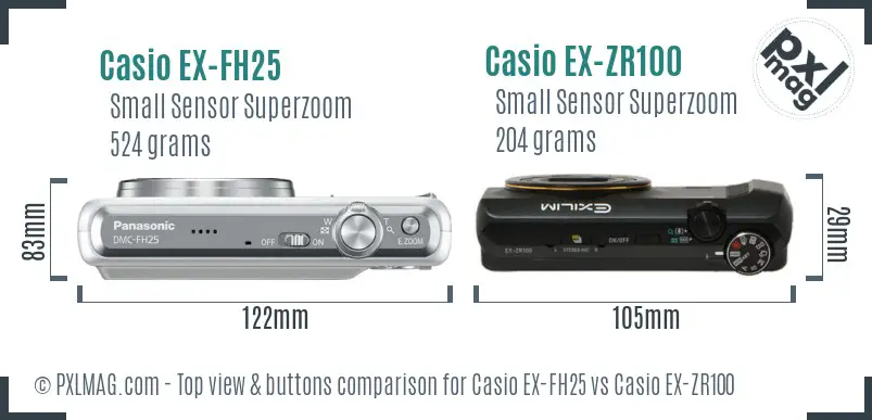 Casio EX-FH25 vs Casio EX-ZR100 top view buttons comparison
