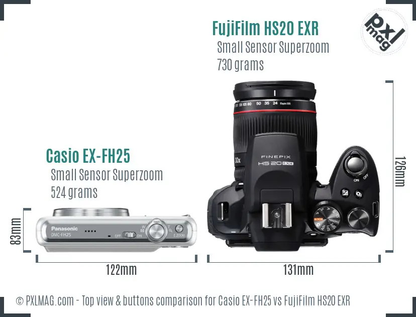 Casio EX-FH25 vs FujiFilm HS20 EXR top view buttons comparison Casio EX-FH25 vs FujiFilm HS20 EXR top view buttons comparison
