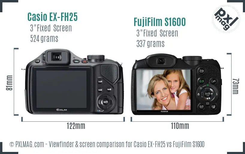 Casio EX-FH25 vs FujiFilm S1600 Screen and Viewfinder comparison